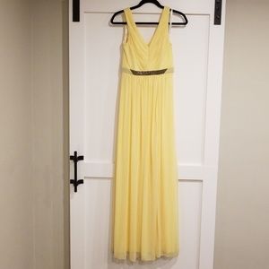 David's Bridal long yellow beaded bridesmaid dress